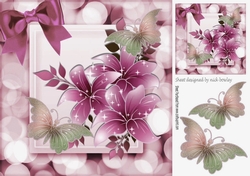 Beautiful pink sparkle flowers with butterflies and bow 8x8