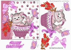cute kitty in basket with daffodils and purple butterflies 5x5