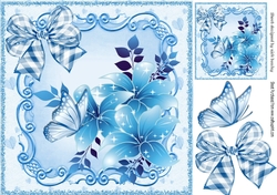 pretty blue butterflies in scroll frame with flowers 8x8