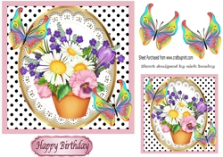 Pretty pot of flowers and pansies with colourful butterflies 7x7