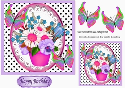 Pink pot of flowers and pansies with colourful butterflies 7x7