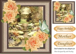 Pretty garden in a frame with peach roses & butterflies 8x8