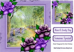 Lilac woodland in cardboard frame with purple roses 8x8