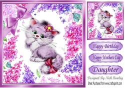 Cute Kitten in frame of flowers with lilac bow 8x8