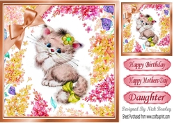 Cute Kitten in frame of flowers with peach bow 8x8