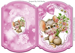 Cute mouse with flowers on lace with butterflies bracket card