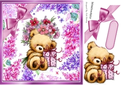 Cute teddy with gift and flowers in flower 8x8 frame