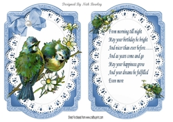 Pretty birds on a branch with blue bow on lace, card front and insert