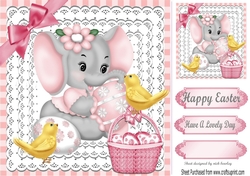 Cute Ele & Chicks with easter eggs & pink bow 8x8