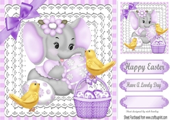 Cute Ele & Chicks with easter eggs & purple bow 8x8
