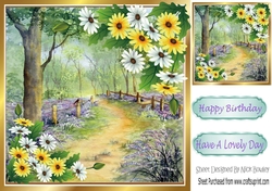 Pretty Corner Yellow/white daisies with bluebell woods 8x8