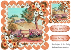 cottage wth garden and flowers in peach scalloped 8x8 frame