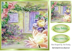 Pretty garden of flowers with lotus flowers and peach bow 8x8