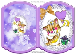 Cute Kitty with purple heart and purple present on lace bracket card