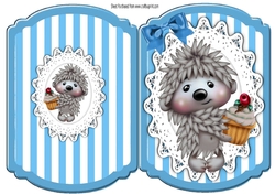 cute hedggy with cupcake on lace blue stripe bracket card
