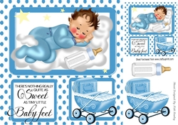 Cute sleepy baby boy with bottle and blue pram 8x8 window card