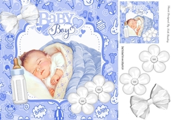 Sweet baby boy sleeping with white bow and flowers 8x8