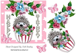 cute hedggy in cupcake with flowers in pink star 7x7 frame