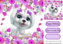 white westie puppy with a bone in the purple flowers 8x8