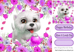 white puppy playing ball in the purple flowers 8x8