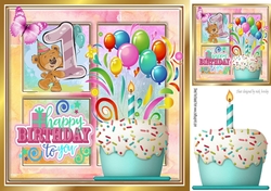 Babys 1st Birthday, cake balloons in rainbow 8x8 window frame