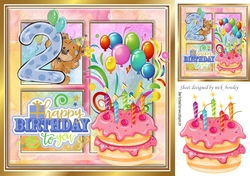 2ND  Birthday, cake with candles, balloons in rainbow 8x8 window frame