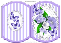 Pretty lilac/white spring flowers on lace with butterflies bracket card