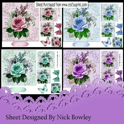 4 Lovely Cards of painted roses,butterfly & bow 7x7 mini kit