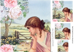 Pretty vintage lady in the meadows in deep thought with roses 8x8
