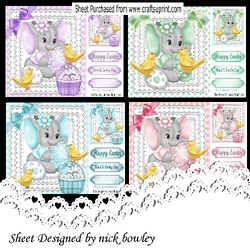 4 Lovely Cards of eles with chicks a variety of colours in 8x8 frames mini kit