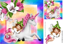 Sweet faerie sleeping on a unicorn with pink flowers in rainbow frame 8x8
