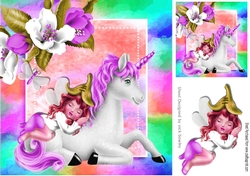 Sweet faerie sleeping on a unicorn with purple flowers in rainbow frame 8x8