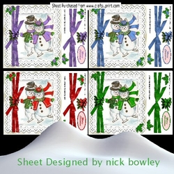 4 Lovely coloured snowmen on lace with bow 8x8 mini kit