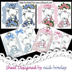 4 Cute little white teddy bears in pink/blue toppers mini kit