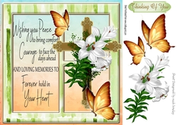 Lovely gold sympathy cross with white lilies with verse, window card front 8x8