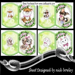 4 Cute kitties/puppies on lace with flowers bracket cards mini kits