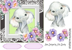 Cute ele in watercolour with flowers/lace 7x7
