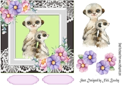 Cute meerkats in watercolour with flowers/lace 7x7