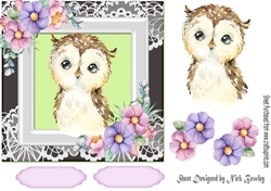 Cute owl in watercolour with flowers/lace 7x7