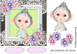 Cute cheeky monkey in watercolour with flowers/lace 7x7