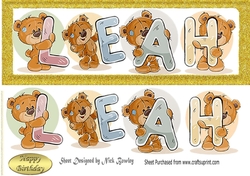 Teddy bears named LEAH Gold Glitter DL Card