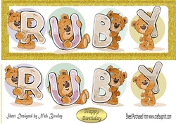 Teddy bears named RUBY Gold Glitter DL Card