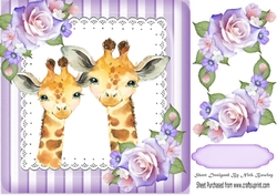 Pretty pair of Giraffes with corner roses in striped purple 8x8 frame