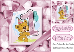 Cute teddy (1ST BIRTHDAY) in pink bubble frame 8x8