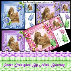 4 Lovely Cuddle cat & kittens with flowers & butterflies 8x8 mini kit