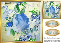 Pretty blue rose with script, dragonfly, butterfly & bow 8x8