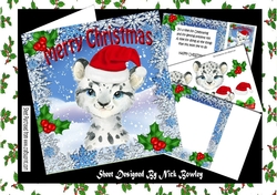 Lovely water colour of a snow leopard in santa red hat with holly 8x8 Mini kit