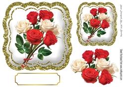 Pretty red roses on a white/gold glitter card front