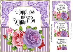 Happiness Blooms!, pretty purple/pink roses with stripe & ornate corners 8x8