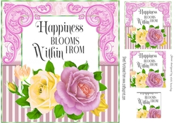 Happiness Blooms!, pretty pink/gold roses with stripe & ornate corners 8x8